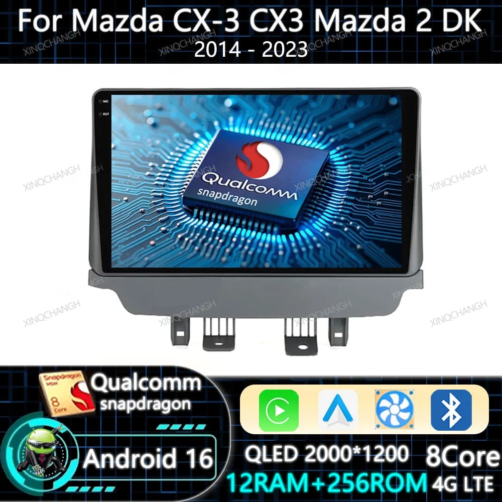 Android 16 Car Radio Carplay Auto For Mazda CX-3 DK Mazda 2 DJ 2014 - 2023 QLED Qualcomm Multimedia Video Player Head Unit 2DIN