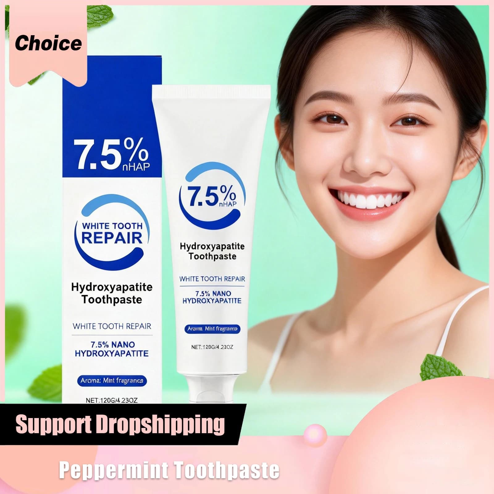 Dentifricio alla Menta con 7.5% di Idrossiapatite, Sbianca i Denti, Rinfresca l'Alito, Protect le Gengive, Reduce le Macchie, Pasta Dentale Detergente