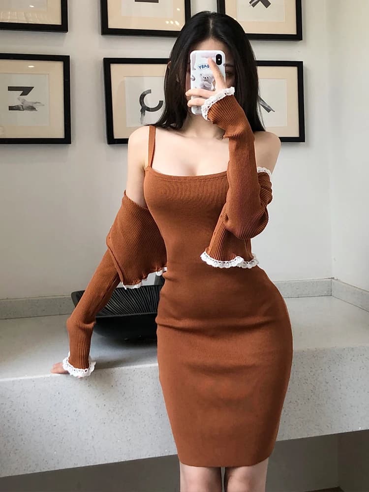 Spring Long Sleeve Lace Trim Short Knitted Jacket Sexy Strap Slim Fit Bodycon Dress Two Piece Set Trendy Women's Fashion