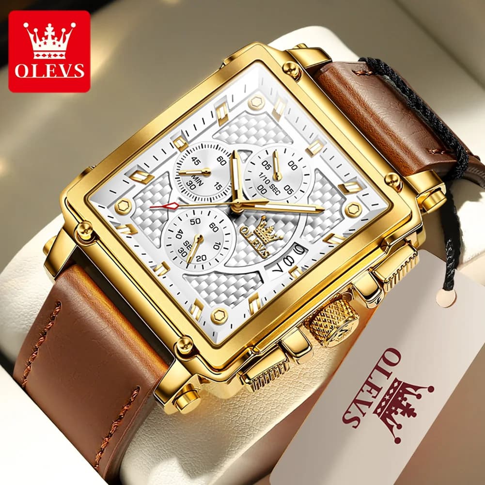 OLEVS Luxury classic men's watches Original quartz square quartz watch from the best brands for men waterproof leather strap bright date