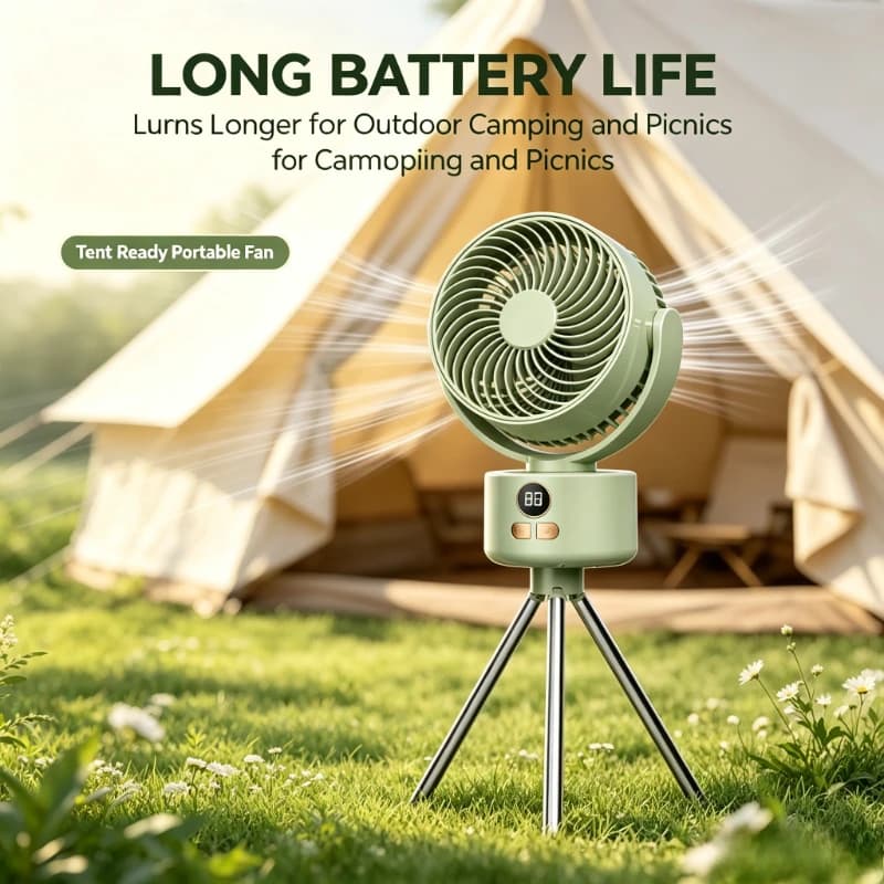 Portable USB Rechargeable Camping Fan Oscillation Small Desktop Circulator Long‑Lasting Battery for Tent Office Outdoor
