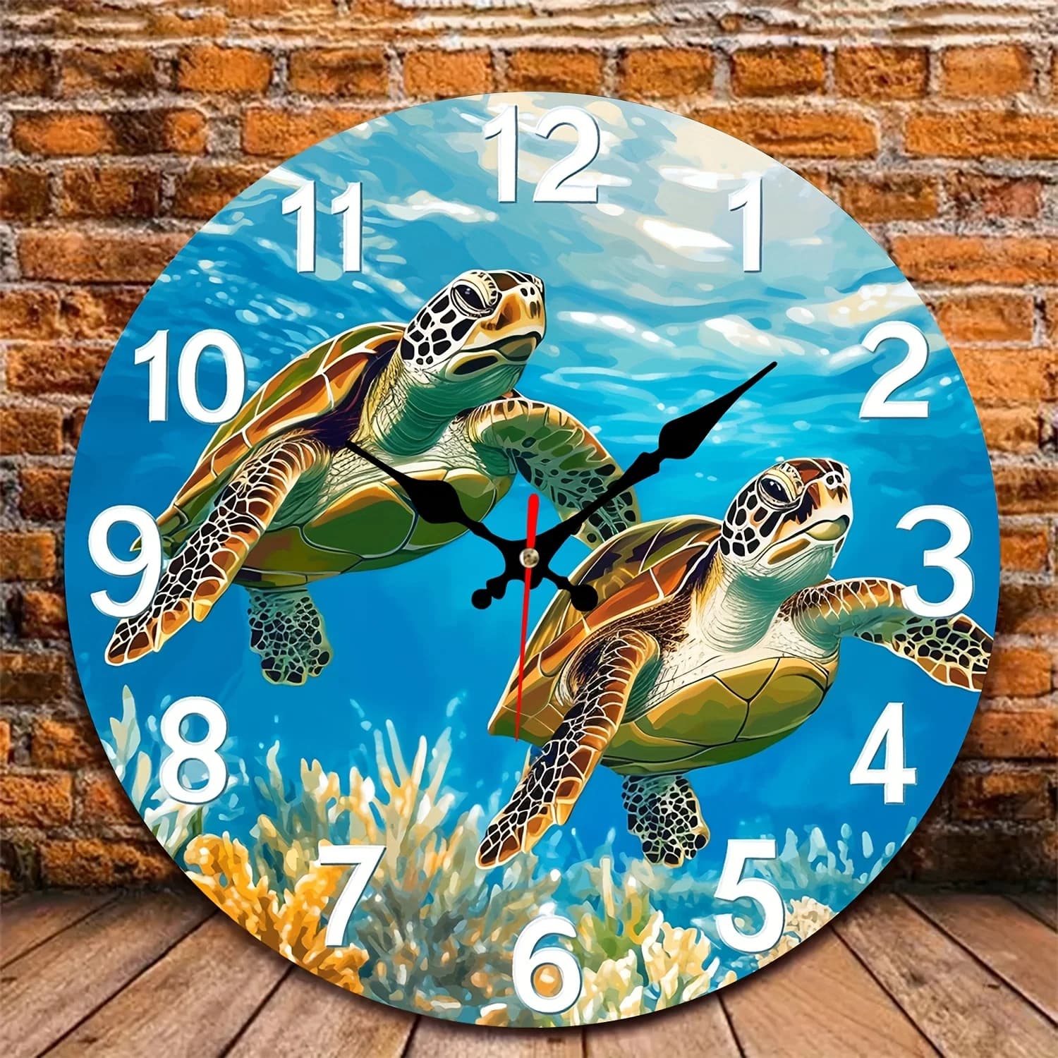 Orologio da parete subacqueo in legno da 10" con tartarughe marine con display digitale - Orologio rotondo silenzioso a batteria per bagno, camera da letto,