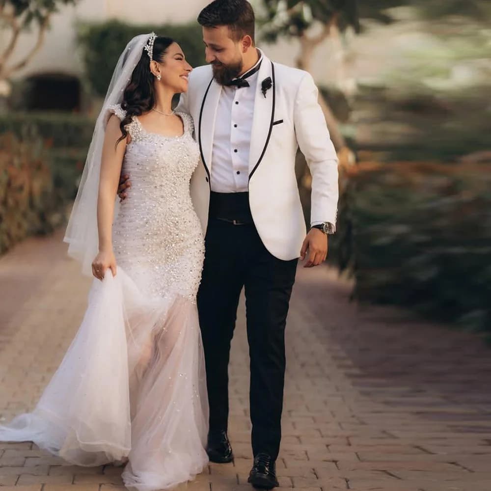 Abito da Sposa Lusso Personalizzato Stile Sirena con Perle e Perline, Abito da Sposa Arabo Dubai in Tulle con Spalline Sottili