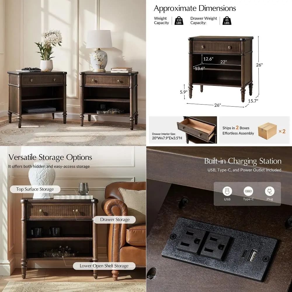 22 Set of 2 White Farmhouse Nightstands with Charging Station, Motion Sensor LED Light, 3 Drawers and Open Storage, Rustic Wood