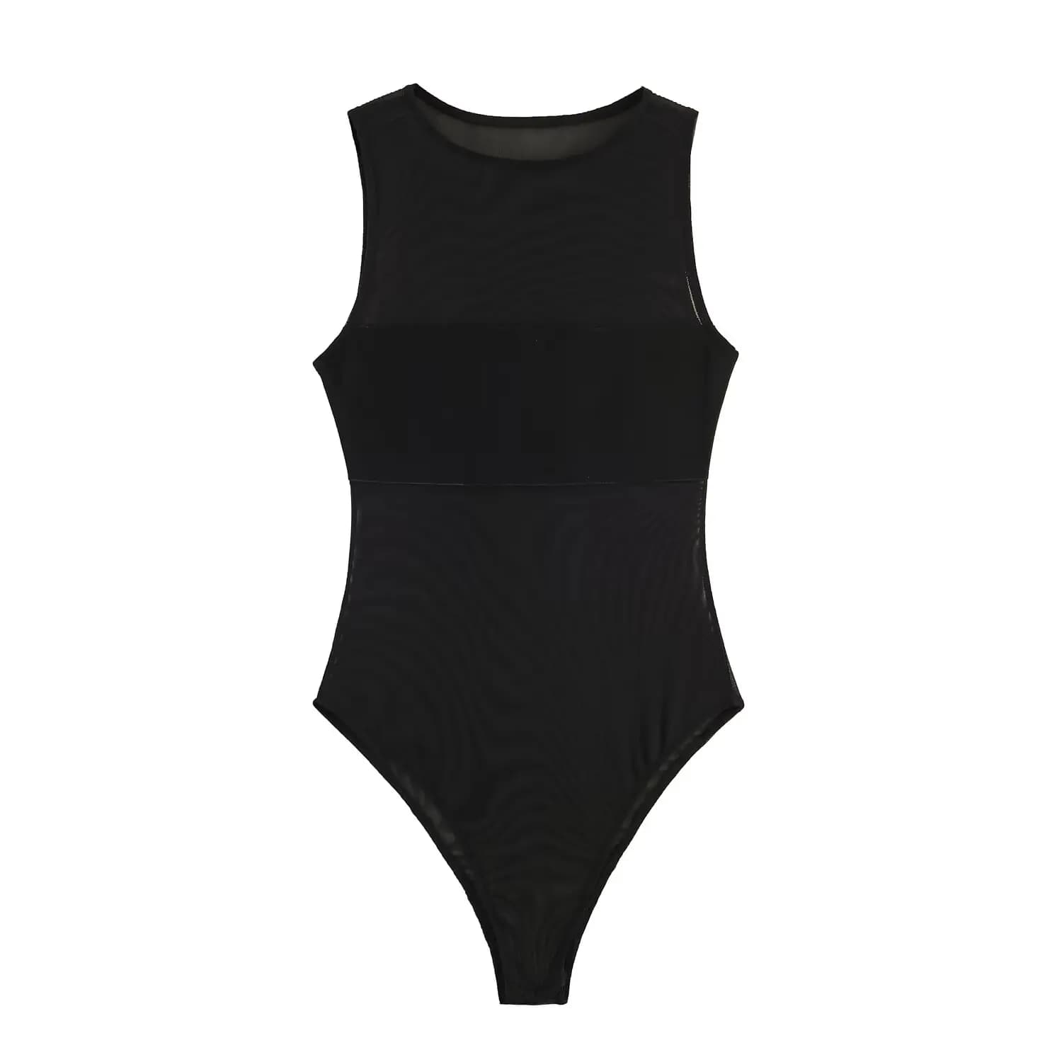 Willshela Body da donna alla moda in tulle tinta unita con patchwork, vintage, slim, con scollo a O, senza maniche, elegante, da donna