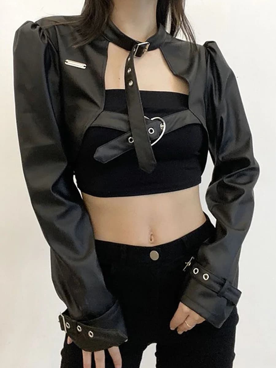 Giacca da Moto in Pelle PU Nera da Donna, Stile Corto, alla Moda, Streetwear, Hot Girl, con Bottoni Regolabili, Fresca per l'Estate, Nuovo Arrivo