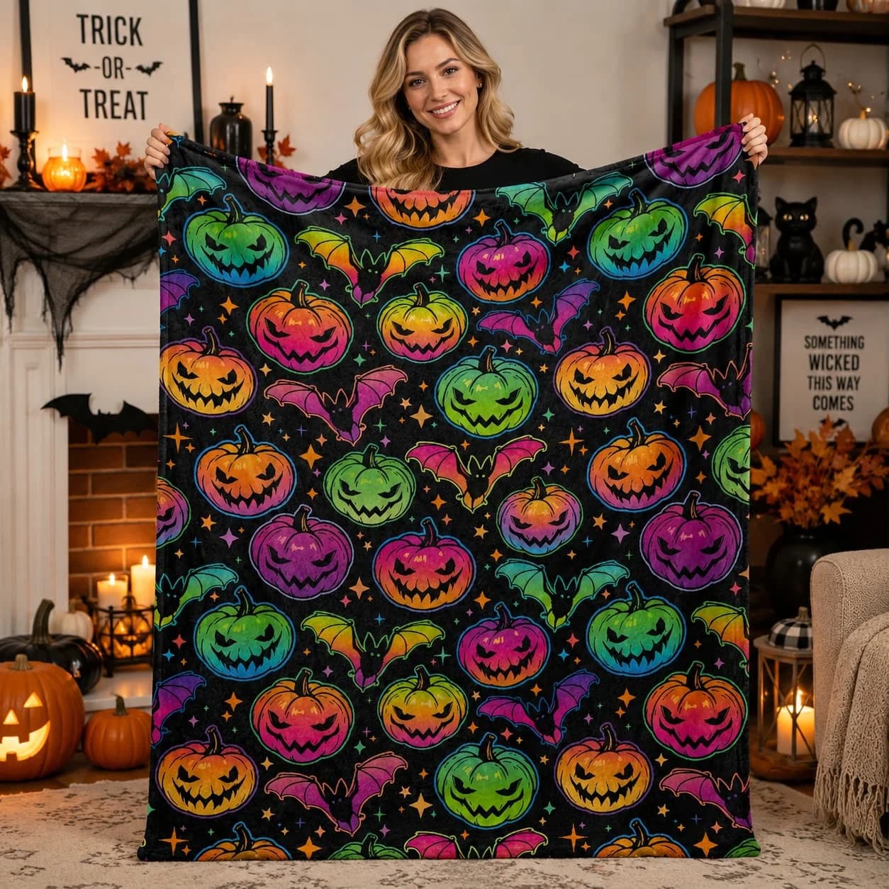 Halloween Pumpkin & Bat 3D Print Flannel Throw Blanket - Cozy, Lightweight for Couch, Bed, Office, and Travel - Versatile All-Season Gift