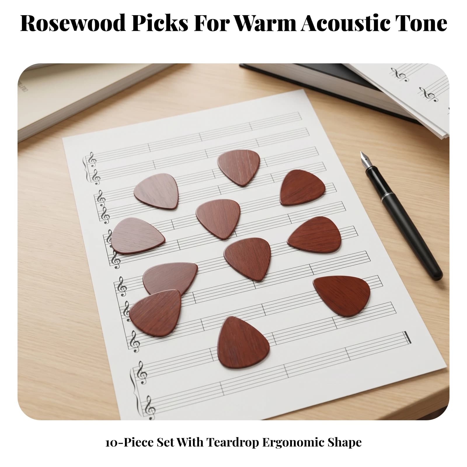 10 Pieces Teardrop Guitar Pick Comfortable Rosewood Grain Plectrum Rosewood Plectrum Artisan Accessory Handmade