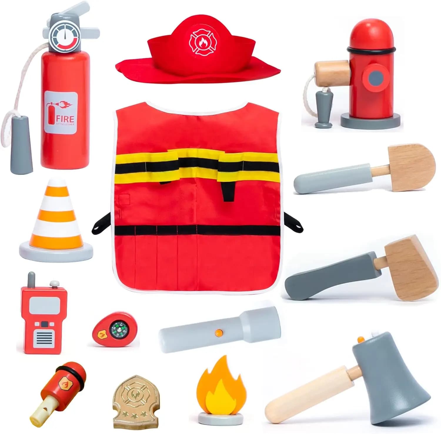 Costume da Pompiere per Bambini, Set Gioco di Ruolo con Accessori in Legno, Estintore e Idrante