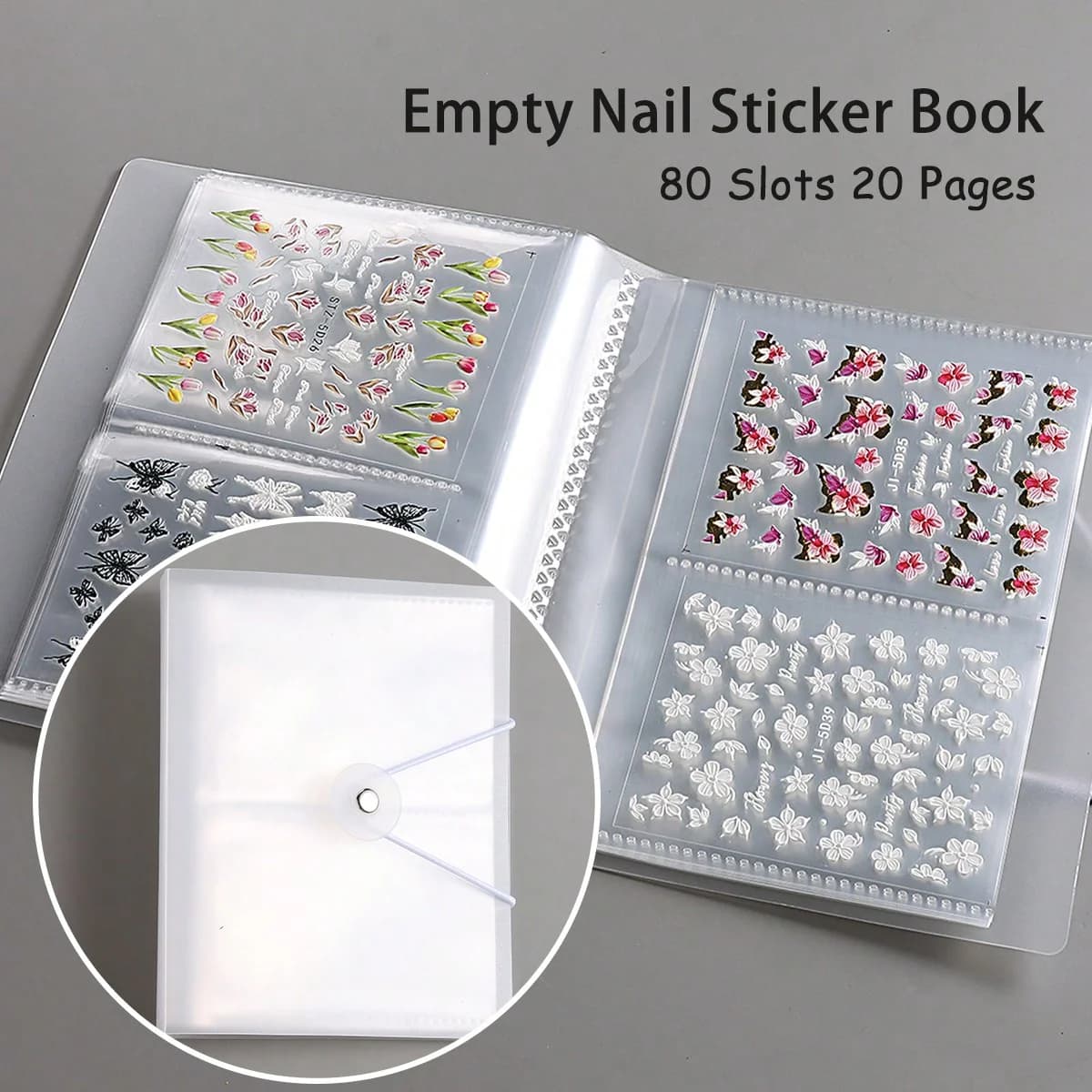 Libro di adesivi per nail art trasparente, libro di stoccaggio di adesivi vuoto, libro di raccolta, libro di visualizzazione di adesivi per unghie (senza adesivi)