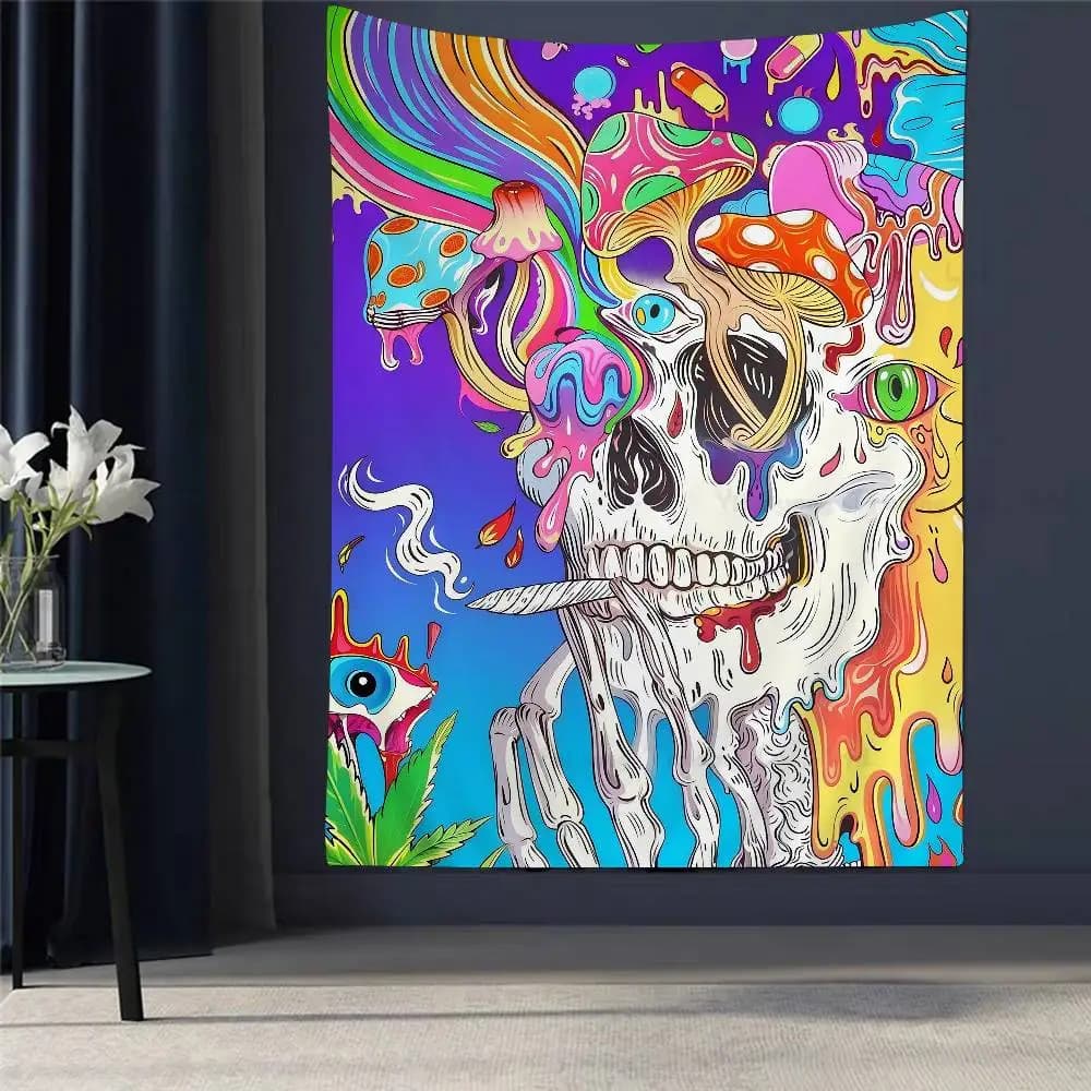 Tapestry Bohemien con Scheletro Astratto Psichedelico e Funghi Cartoon, Mandala da Parete, Decorazione Murale