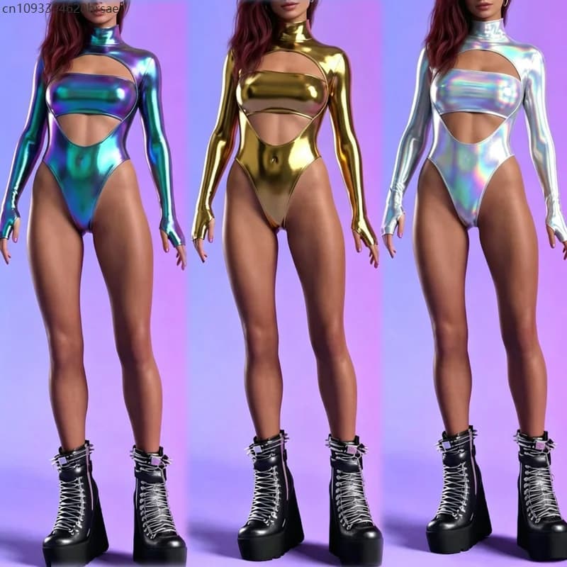 Women Shiny Bodysuit Turtleneck Long Sleeve Hollow Out Cutout Leotard Rave Festival Cosplay Outfit Beach Surfing Swimsuits