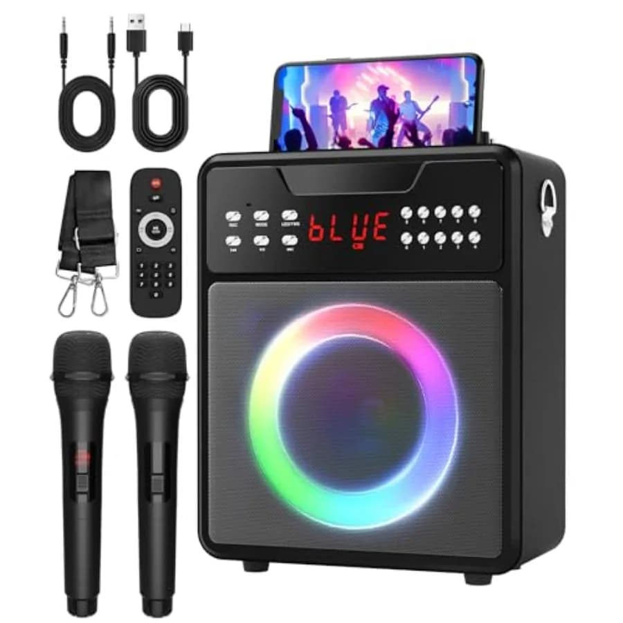 Karaoke Machine for Adults, Portable Bluetooth Speaker with 2 Wireless Microphones and Lights Show, Karaoke Speaker with Bass a