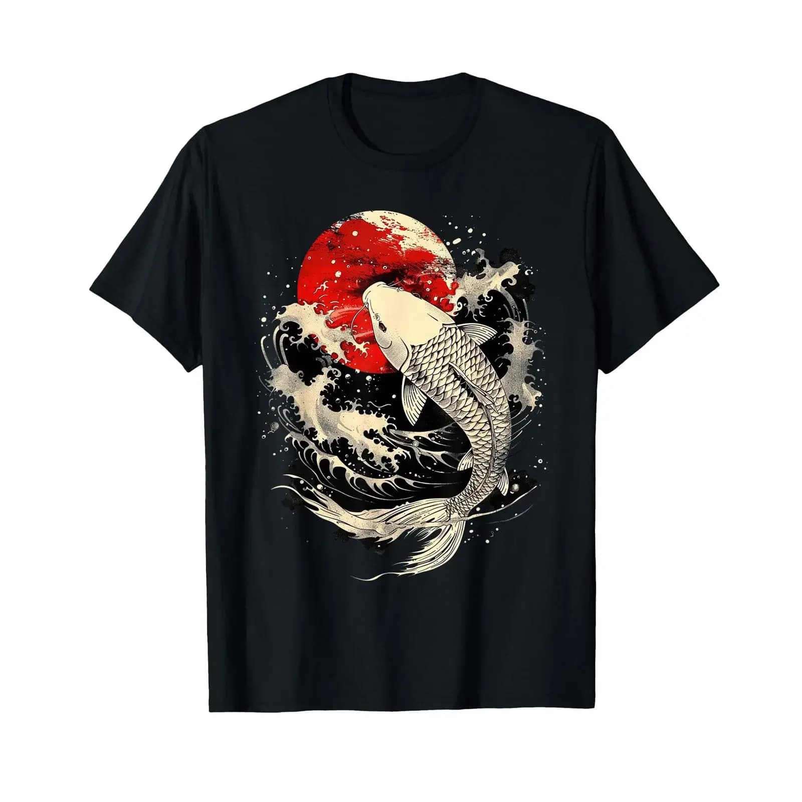 T-shirt vintage giapponese con stampa grafica di pesci koi in legno, nera, effetto lavato, alla moda, da uomo, per tutti i giorni