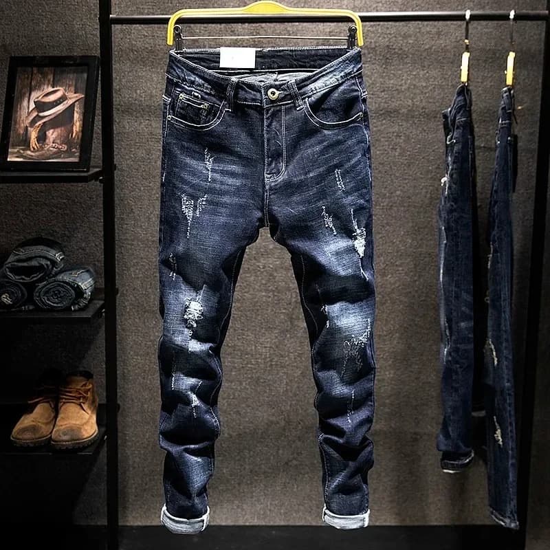 Jeans dritti elastici americani da uomo pantaloni in denim di cotone slim-fit strappati usurati stile coreano moda blu nero abbigliamento da uomo
