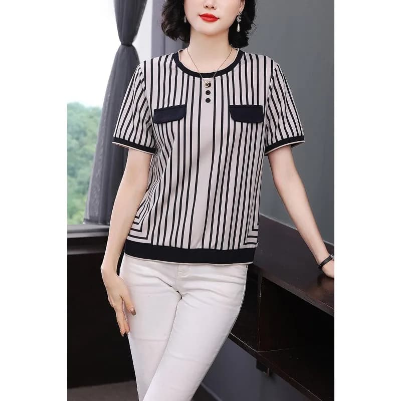 Women's Striped Ice Silk T-Shirt Short Sleeve Casual Loose Mom Style Blouse