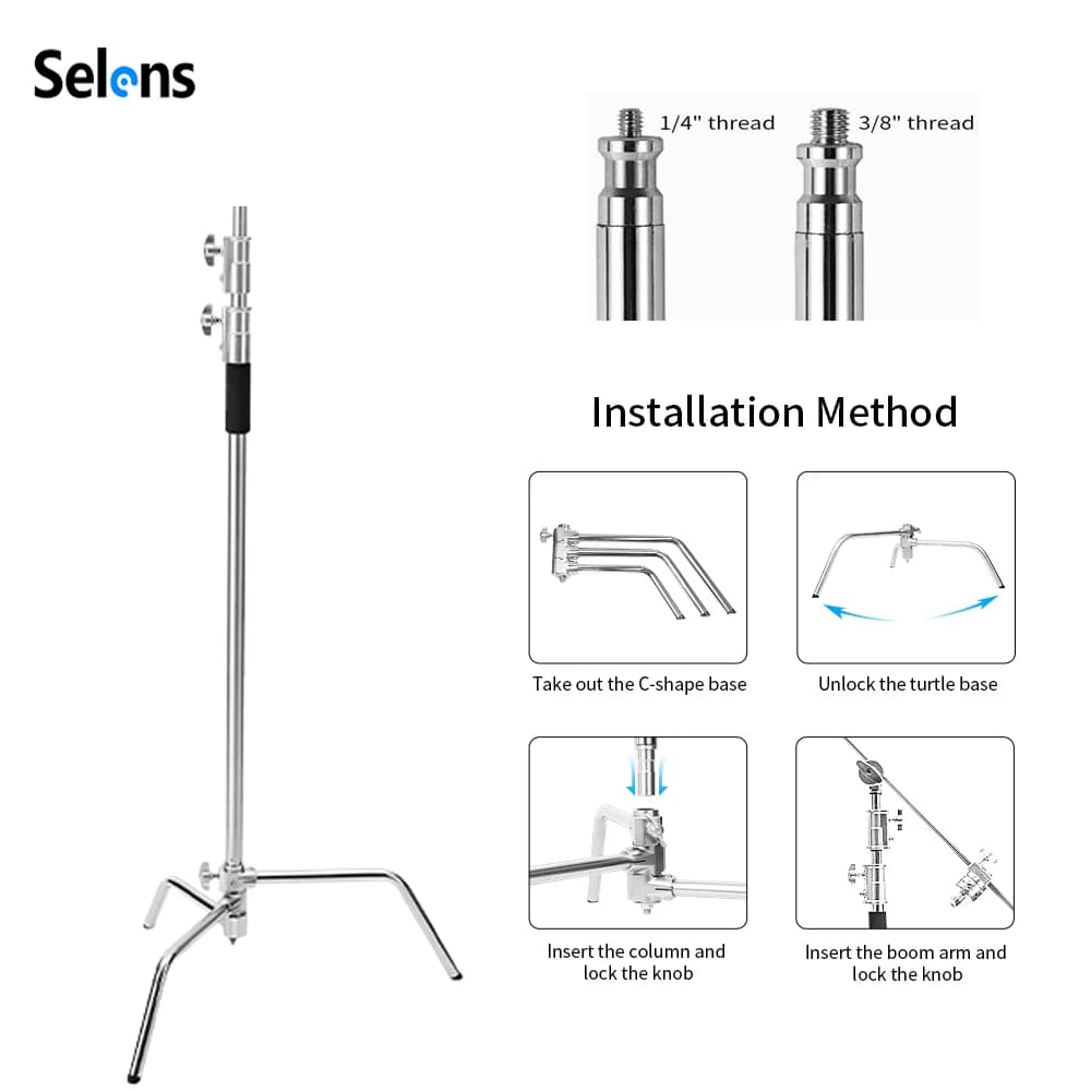 Selens 300cm C-Stand Stainless Steel Light Stand Tripod Bracket with Foldable Magic Leg For Photo Studio Softbox Spot Light