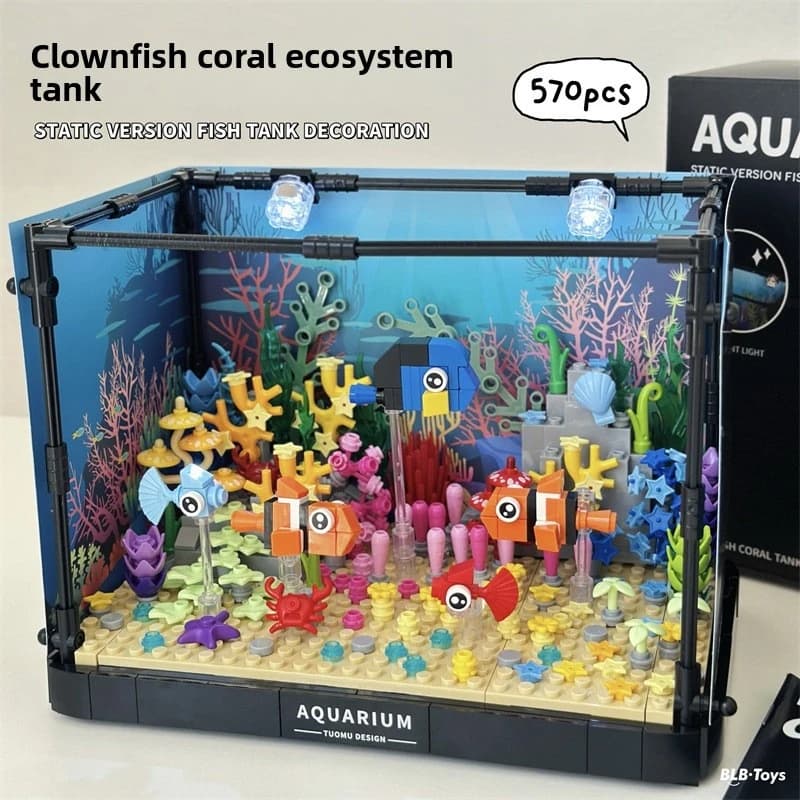 Blocchi da costruzione per acquario simulato, acquario ecologico con luci e blocchi da assemblare, regalo con ornamenti di pesce pagliaccio e corallo