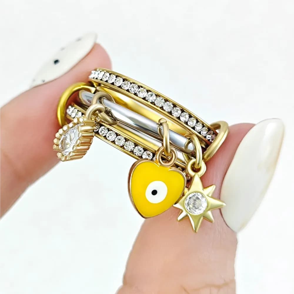 Colorful Heart With Evil Eye Charms Stacking Rings For Women Full Zirconia Stainless Steel Spinelli Kilcollin Ring Jewelry