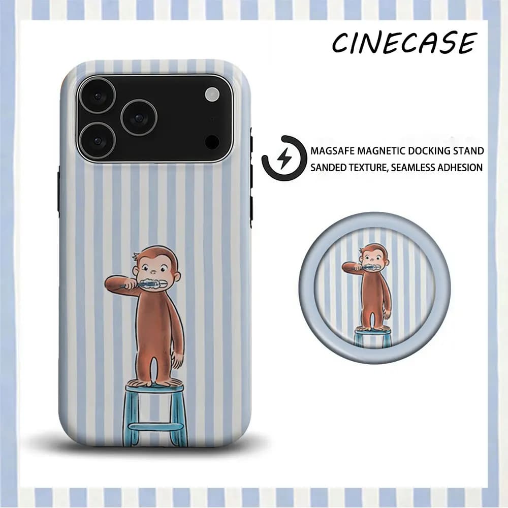 Cine Monkey Brushing Teeth 2-in-1 Matte For MagSafe Phone Case Matching PopSocket Grip Bumper For iPhone 17 16 15 14 13 Pro Max