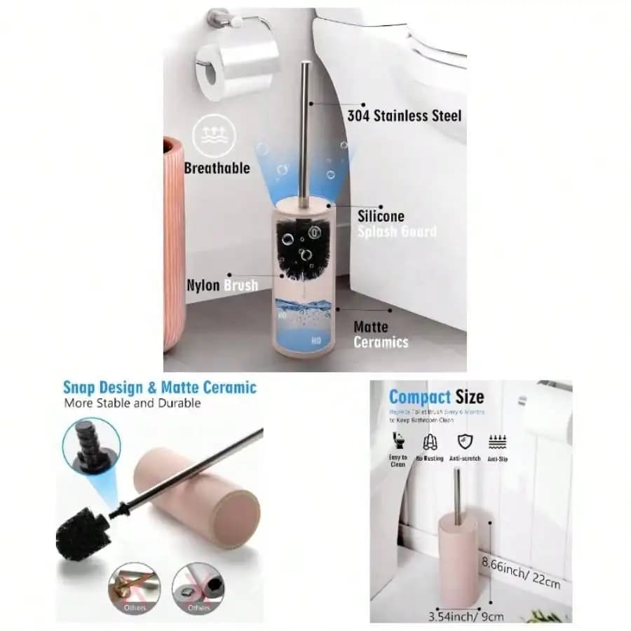 Matt Pink Ceramic Toilet Brush And Holder Set, Freestanding Toilet Bowl Cleaners Brush, Scrubber Brush Toilet, Bathroom Accessories With Stainless Handle, Deep Cleaning