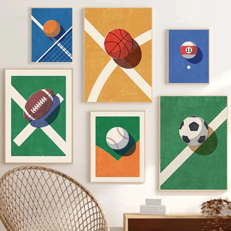 Retro Sport Ball Poster Rugby Volleyball Football Billiards Tela Painting Wall Art Picture Gym Room Home Decorations Gifts