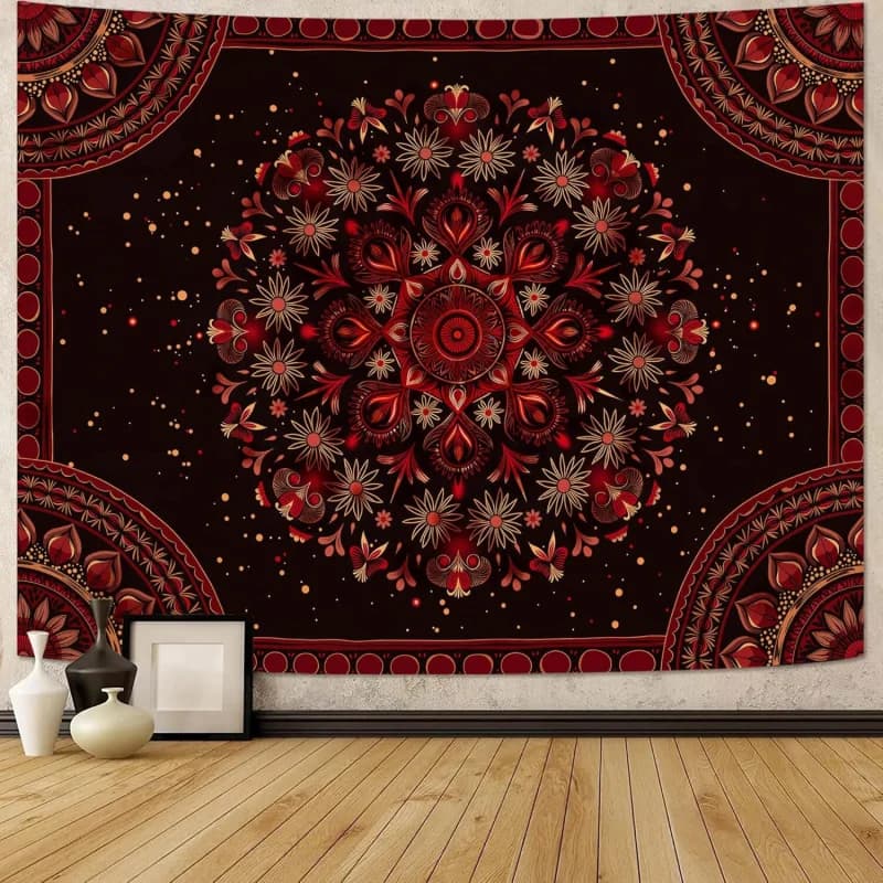 VIKAMA Arazzo con mandala rosso e retro nero, motivo intricato in stile vintage americano, decorazione da parete per soggiorno, camera da letto, B&B