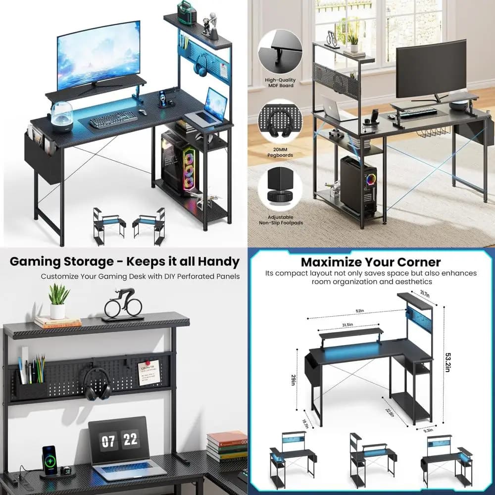 LED-shaped L-shaped gaming desk with monitor support, power sockets, storage drawers and compact design