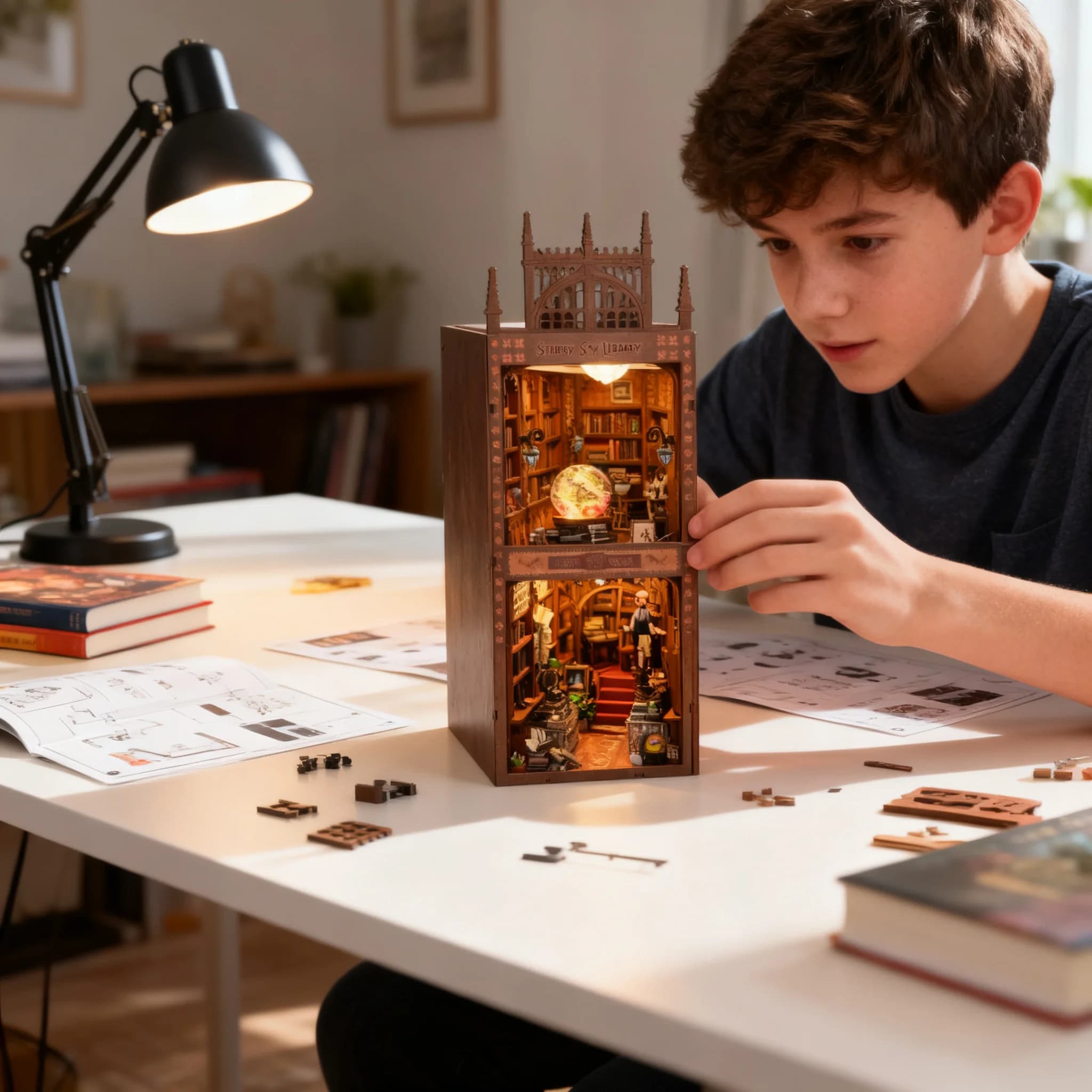 Fermalibri Casa delle Bambole Fai da Te Starry Library – Kit di Costruzione Puzzle 3D in Legno, Regalo di Compleanno Creativo, Modellino Figurina per Decorazione Casa