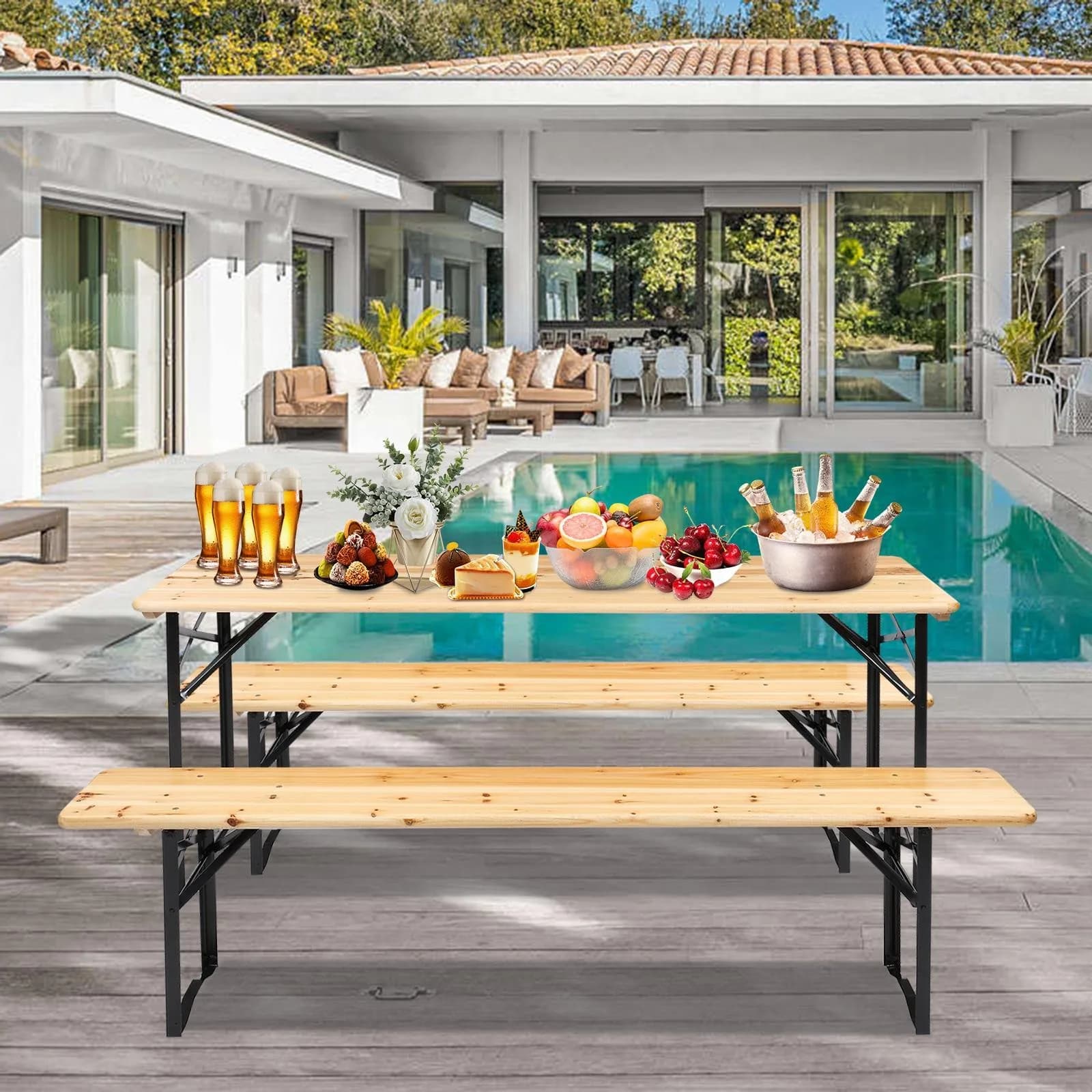 Set da 3 Pezzi: Tavolo e Panche Pieghevoli in Legno per Campeggio, Picnic, Giardino e Cortile