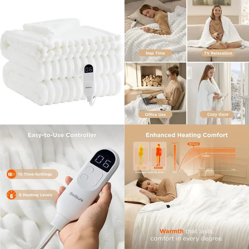 Coperta elettrica doppia in flanella a righe spesse con 10 timer, 6 livelli di calore e spegnimento automatico di 8 ore per nonna (62x84 bianco)