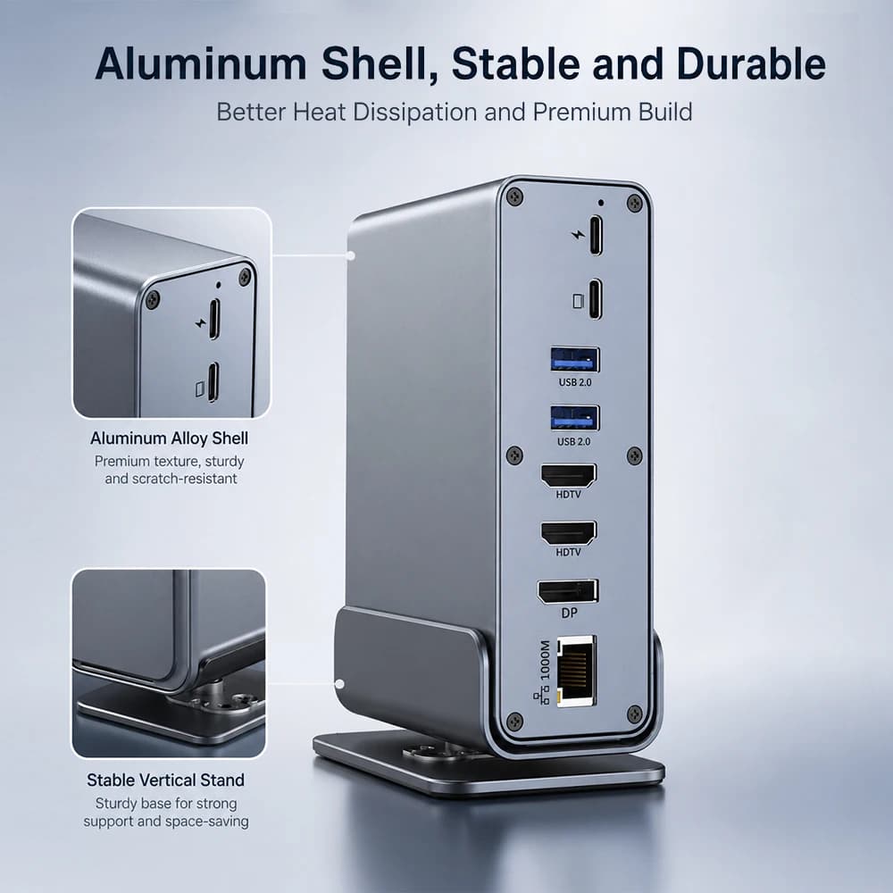 Docking Station USB-C 15 in 1 con Triplo Monitor 4K HD, Hub Verticale, RJ45 1000M, USB 3.0/2.0, PD 3.0, SD/TF, Audio 3.5 per Mac Pro