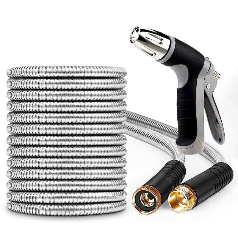 Tubo da giardino in acciaio inossidabile con ugello regolabile, tubo da giardino in metallo resistente per attrezzi per l'irrigazione del giardino
