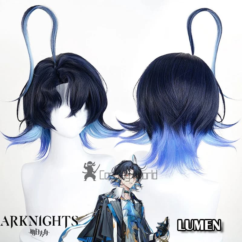 Parrucca cosplay Arknights Lumen sfumatura blu capelli corti appuntiti parrucche sintetiche resistenti al calore per uomo donna festa di Natale Halloween