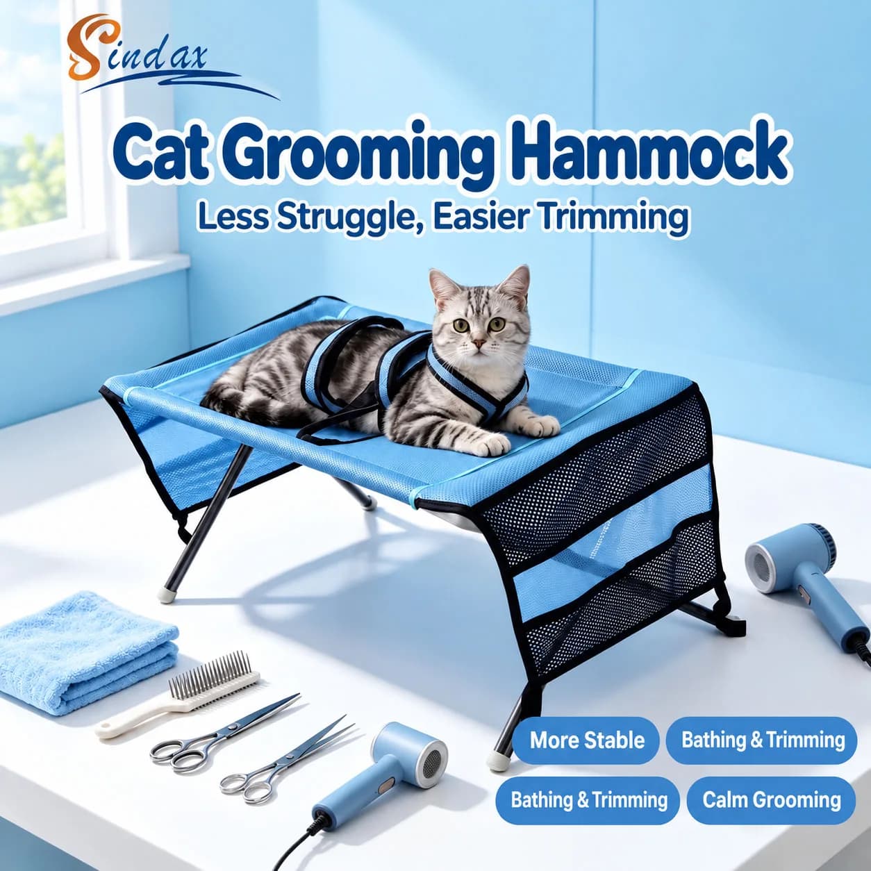 Pet Grooming Table Hammock Stable Stand for Cats Small Dogs Nail Trimming Bathing Brushing Paw Care Foldable Home Grooming