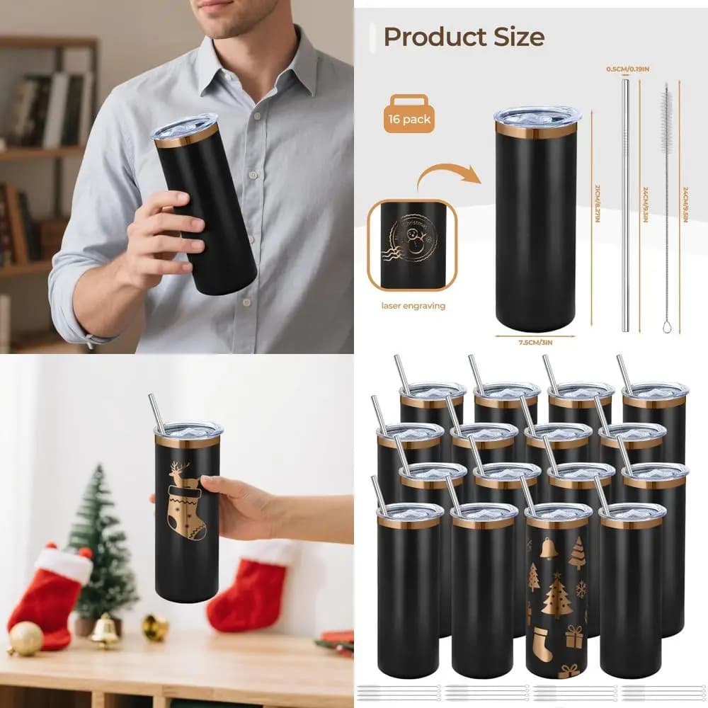 Set da 16 bicchieri termici da 20oz a doppia parete in acciaio inossidabile con rivestimento a polvere o incisione laser, da oro rosa a bronzo nero