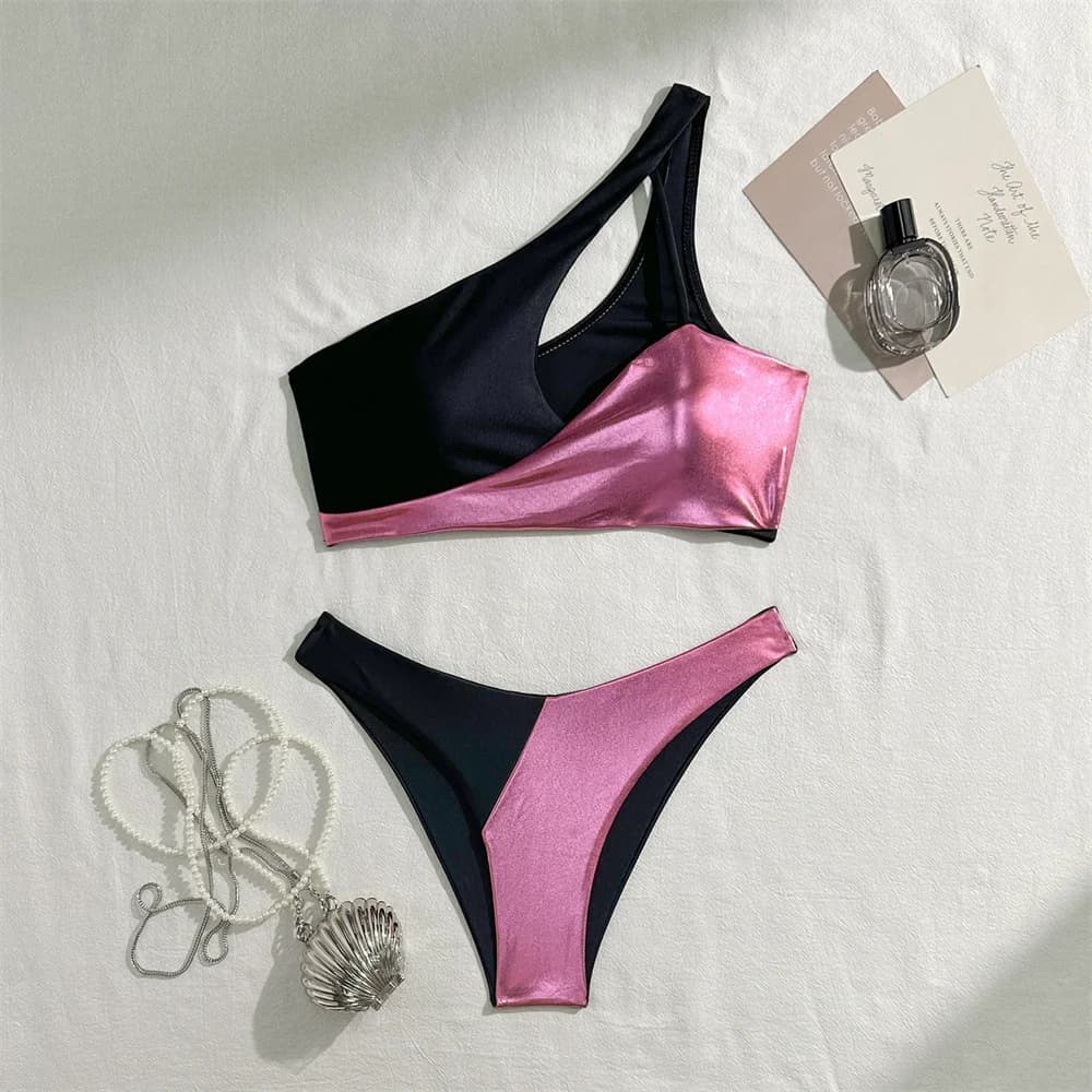 Costume da bagno sexy con giuntura nera rosa bikini monospalla scava fuori tankini costume da bagno da donna push up per le vacanze costume da bagno da spiaggia