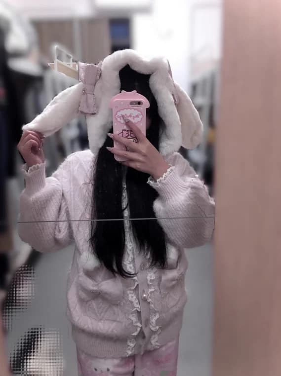 Cardigan da Donna Stile Giapponese Liz Dolce con Fiocco e Orecchie di Coniglio, Cappotto Lavorato a Maglia, Elegante e Carino, Maglione Caldo e Peloso per l'Inverno