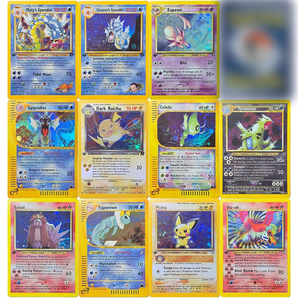 Pokemon Proxy Gioco Foil Carte Gyarados Vaporeon Celebi Dark Raichu Entei Ho-oh Espeon Giovannis Mistys Gyarados Pichu Tyranitar