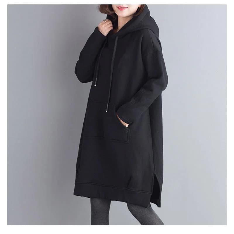 plus Size Hoodie Women's Thickened Fleece Mid-Length Color Slit Sweatshirt Autumn Winter Fashion Korean Style Long Sleeve