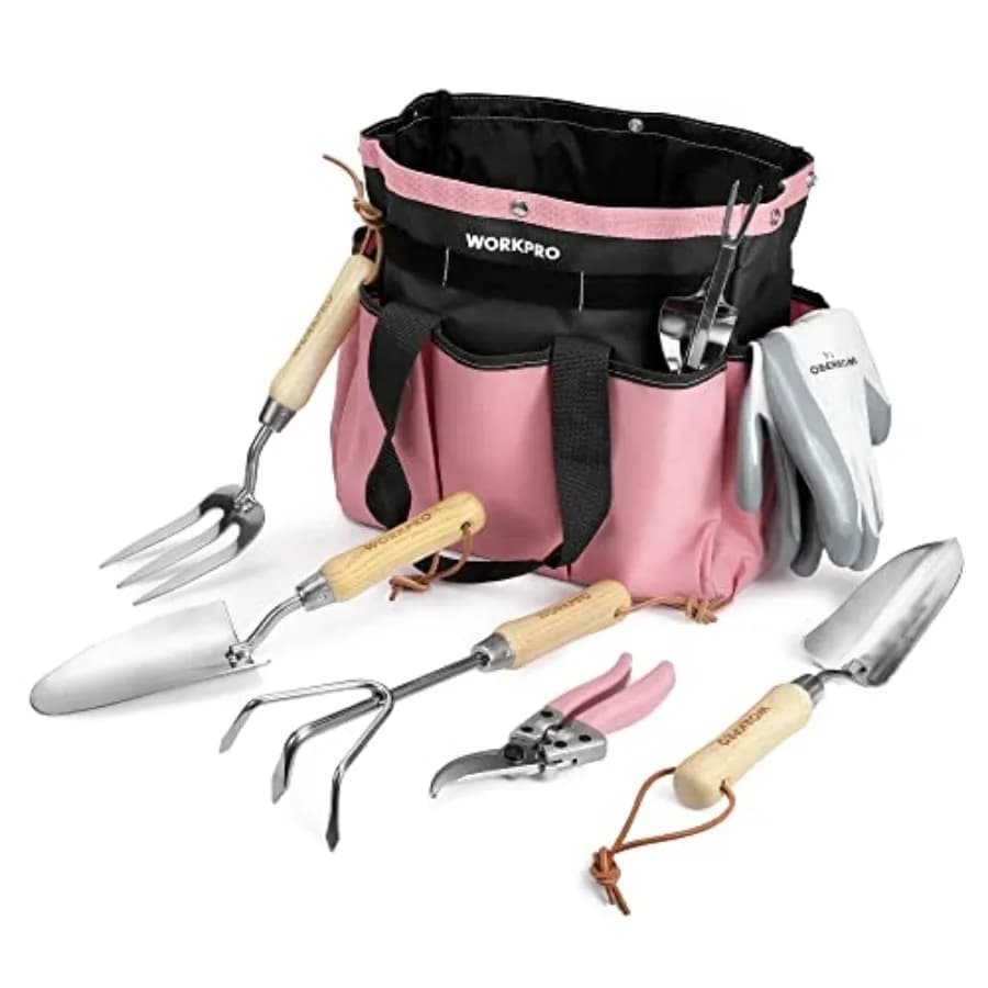 Set di 8 Attrezzi da Giardinaggio, Utensili in Acciaio Inox con Manico in Legno, Include Borsa da Giardino, Guanti, Paletta, Estirpatore Manuale