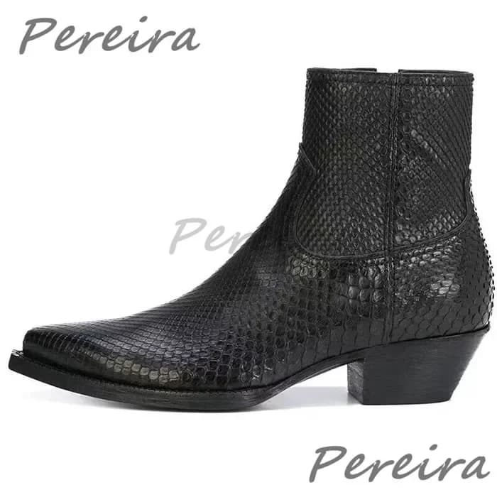 Trendy Snake Patterned Chelsea Boots for Men Genuine Leather Pointed Toe Zipper Short Boots Fashion Party Business Dress Shoes