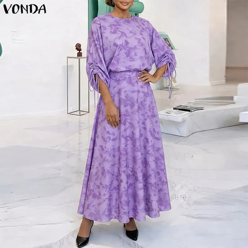 Completi Estivi Primaverili da Donna Taglie Forti VONDA: Top con Scollo a O e Stampa Floreale con Maniche a Coulisse e Gonne Lunghe - Completo Due Pezzi alla Moda
