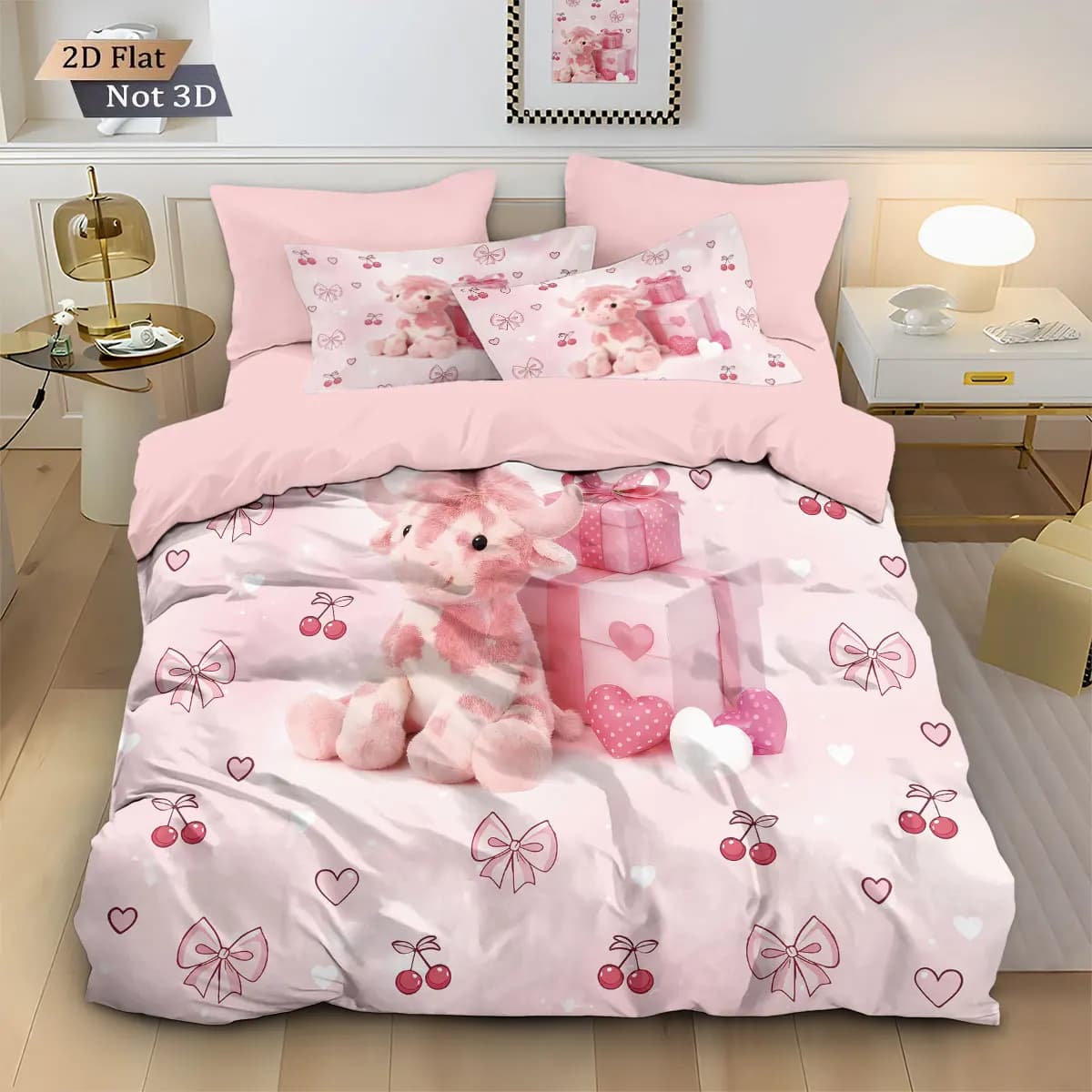3 piece pink doll highland cow print set, multi-size bed linen decoration, washing machine