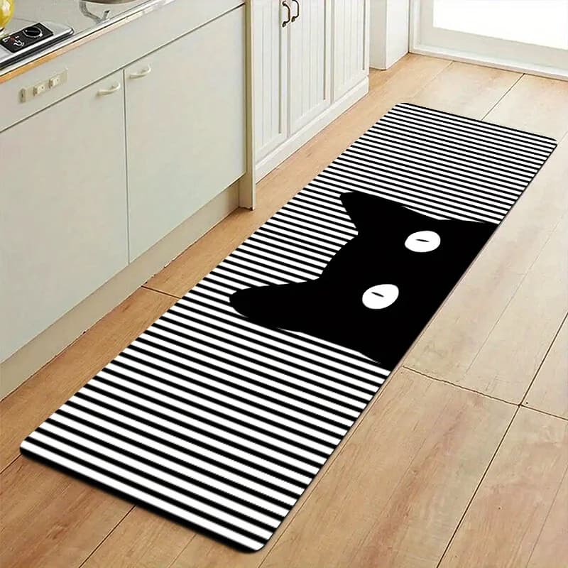 Tappeto da Cucina in Terra Diatomacea con Gatto Nero Geometrico Bianco e Nero, Tappetino Lungo Antiscivolo in Gomma, Tappeto Decorativo per Bagno, Corridoio, Lavanderia