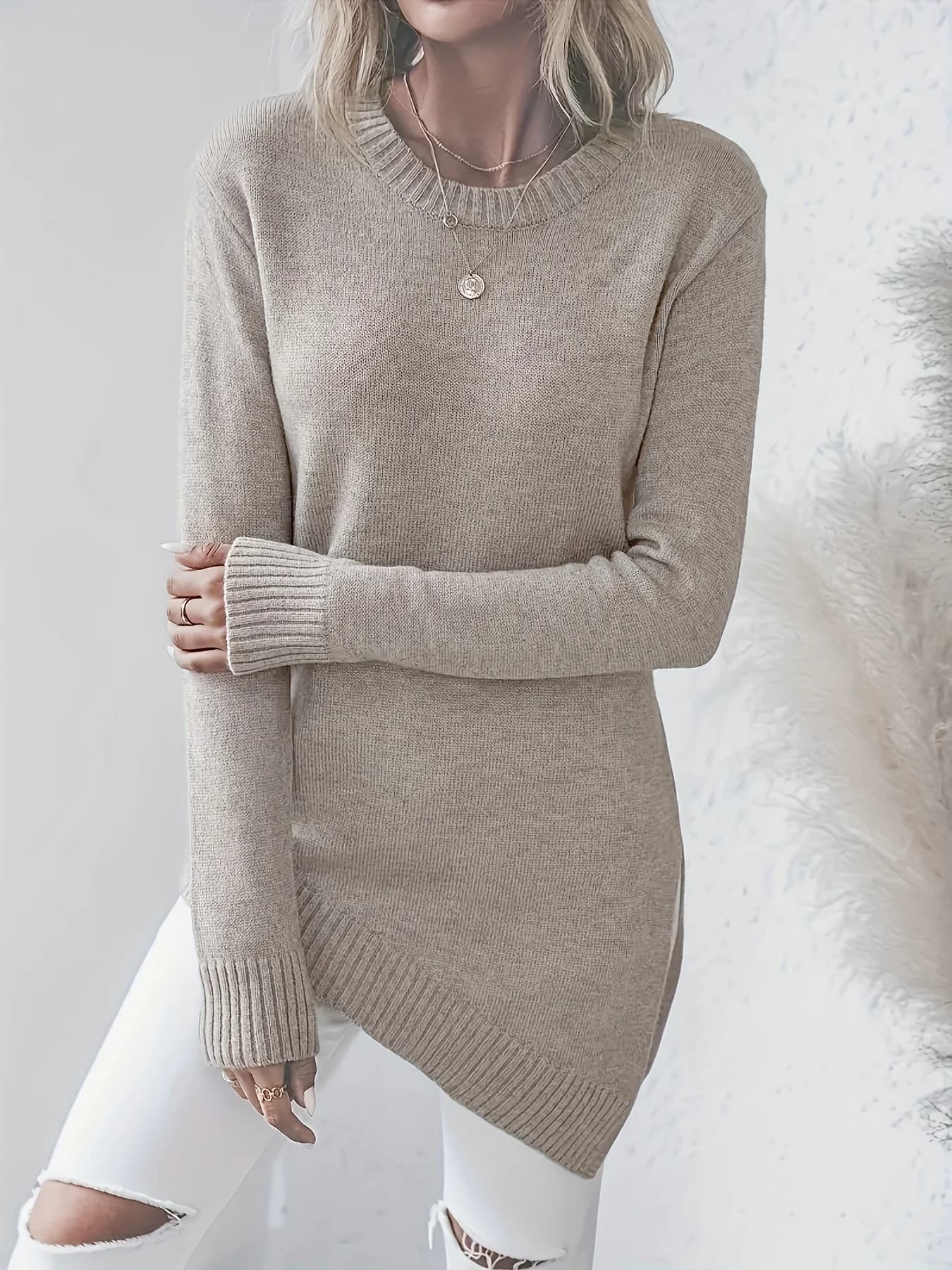 Maglione da donna lavorato a maglia asimmetrico elegante e leggero: maniche lunghe alla moda, pullover girocollo beige/cachi, morbida miscela di fibre di viscosa, perfetto per la primavera/autunno