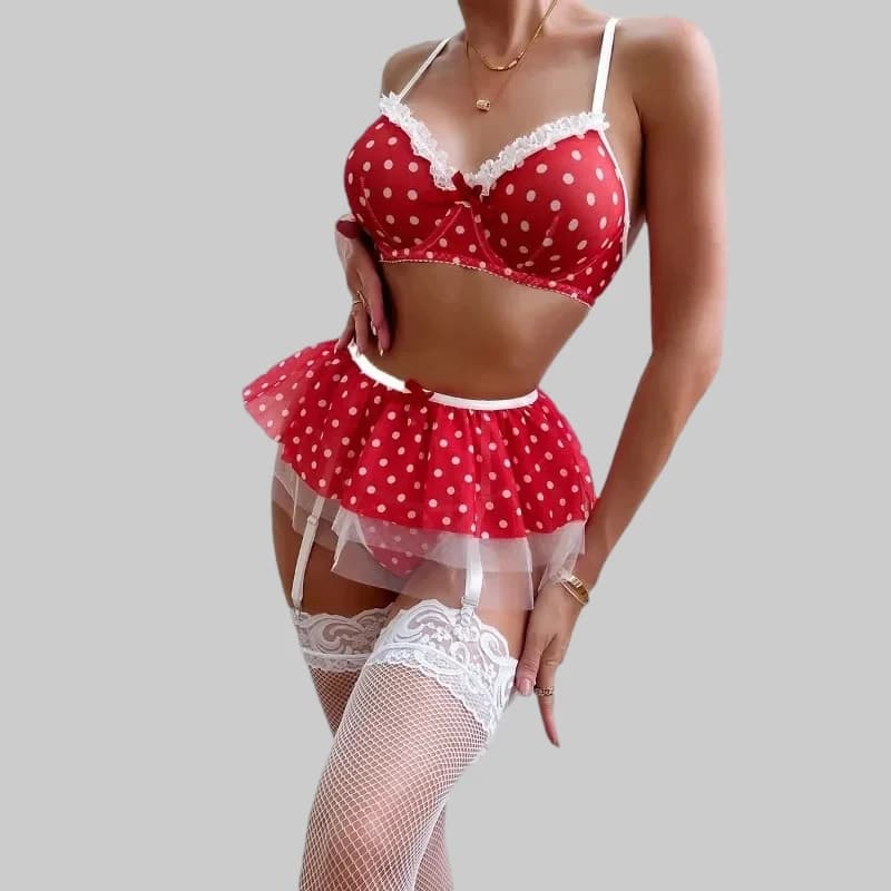 Toucheart Sexy Underwear Dress for Women Neckline Cloth with Color Contrast polka dots Nice Embossed Net skirt Hemline sexy Underwear Set of 5 pieces