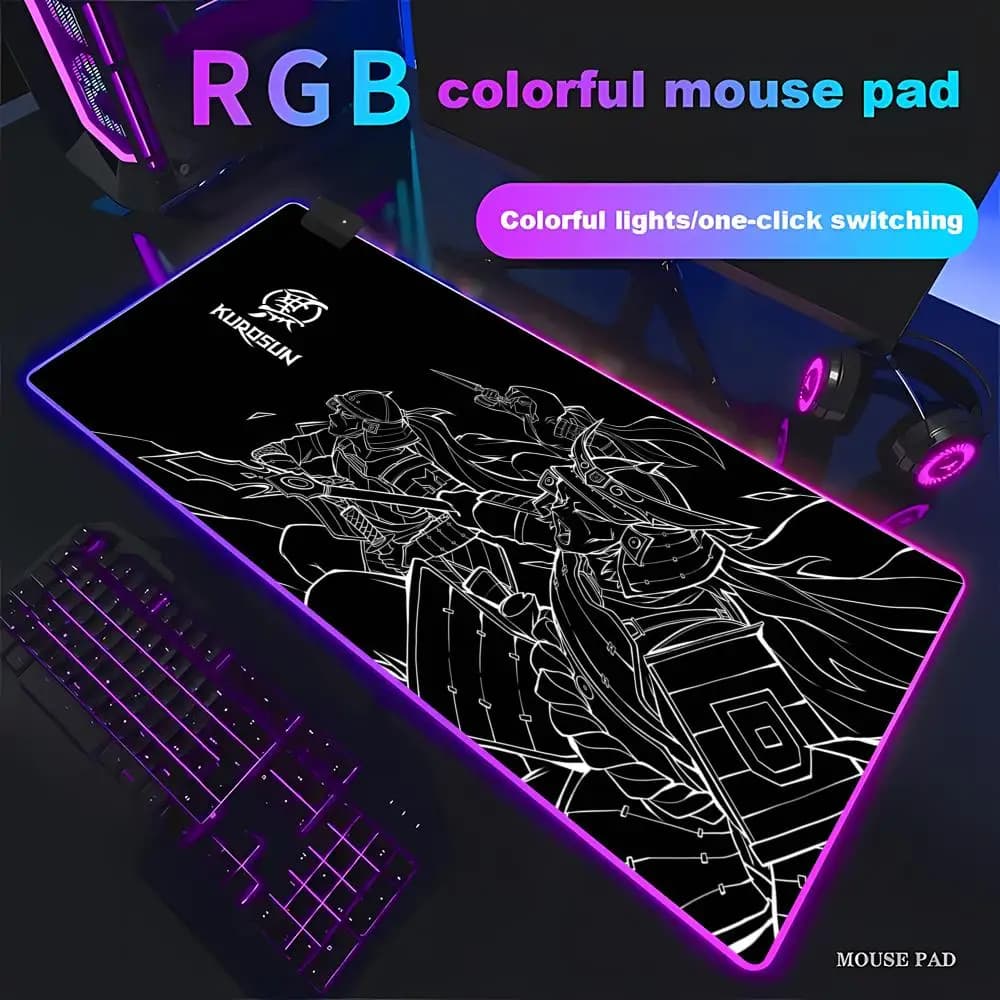 Tappetino per mouse da gioco RGB Kurosun Samurai di grandi dimensioni, tappetino per mouse Ninja, tappetino per mouse da gioco professionale Shogun, tappetino per mouse XL antiscivolo per computer HYBXAXC