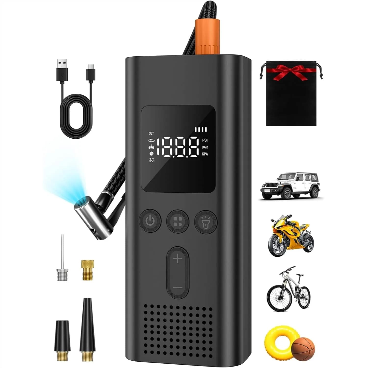Compressore d'Aria Portatile, Gonfiatore Pneumatici Senza Fili con 150 PSI, Luce LED, Spegnimento Automatico per Auto e Bici - Il Tuo Partner Affidabile