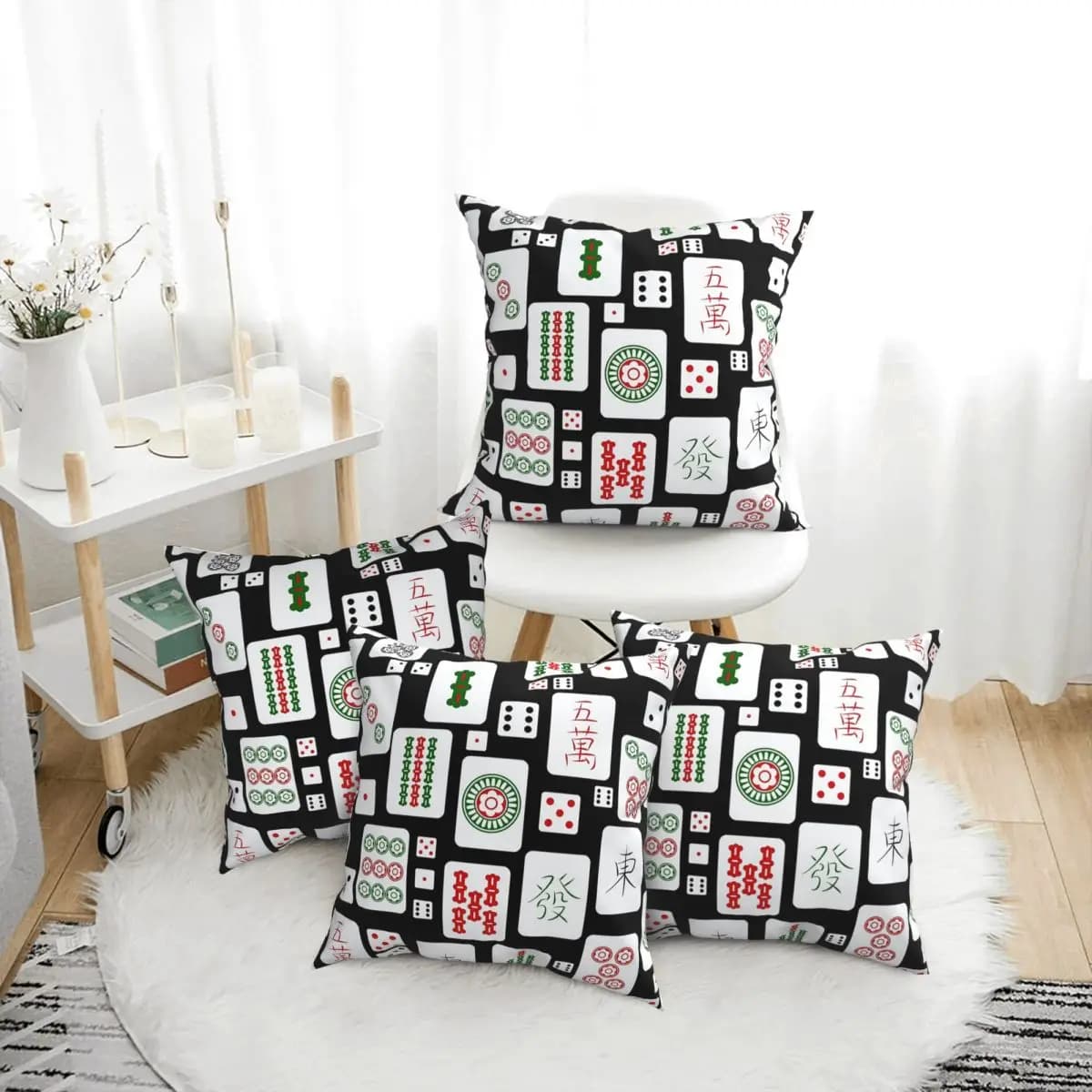 Mahjong Tiles Gioco Dice 4 pezzi Federa quadrata Fodera per cuscino Cuscino con cerniera Cuscino decorativo comfort per auto domestica
